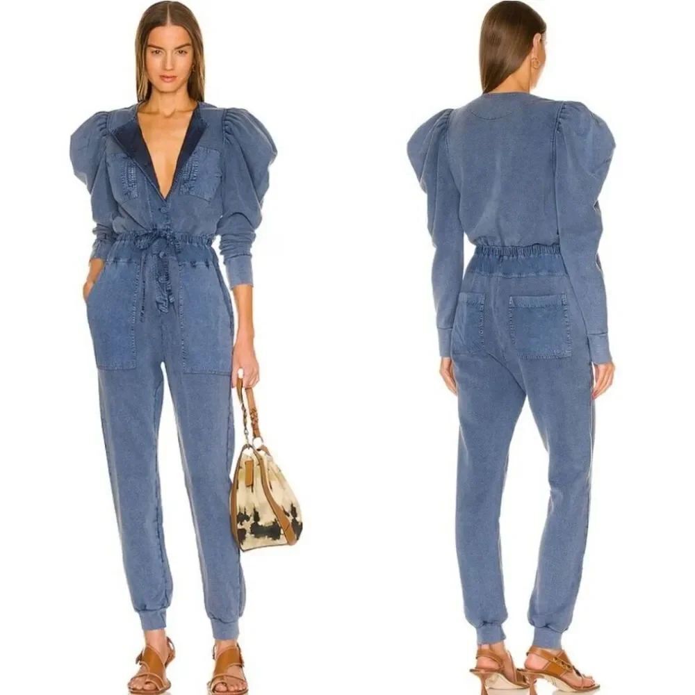 Ulla Johnson Blue Indigo Sadie Long Sleeve Cotton Button Front Jumpsuit